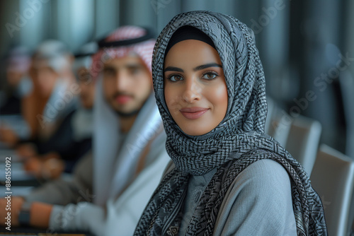 Group of middle-eastern corporate business people wearing traditional emirati clothes meeting in the office in Dubai - Business team working and brainstorming in the UAE