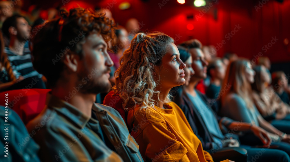 Spectators in casual clothes in a cinema watching a film. Men and women sit in comfortable seats and enjoy watching a movie. Rest concept. Spectators in casual clothes in a cinema watching a film. Men and women sit in comfortable seats and enjoy watching a movie. Rest concept.