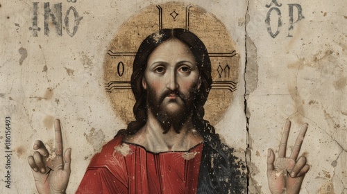 an icon of Jesus Christ with children depicted in traditional Byzantine style surrounded by a golden halo and intricate details capturing a moment of love and care