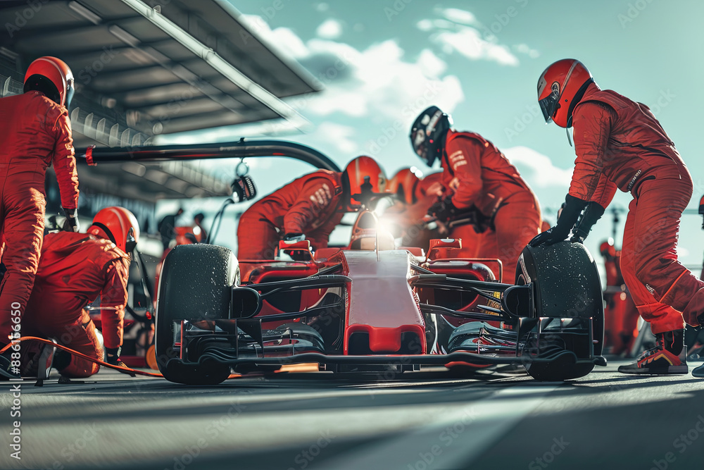 Obraz premium One race car pit stop with crew in red jumpsuits, competition and teamwork concept