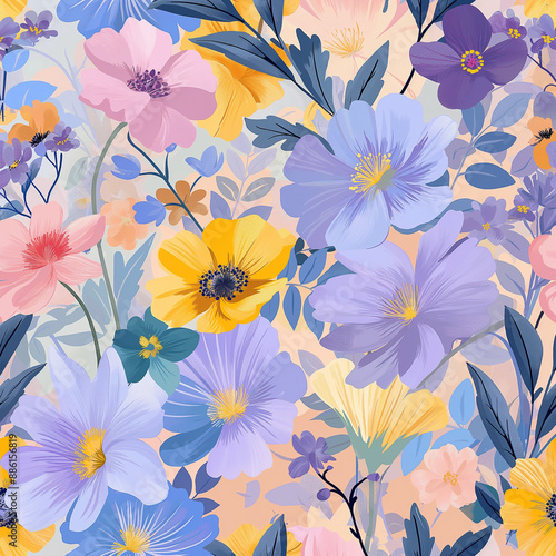 Wallpaper Mural A vibrant and dynamic floral pattern featuring a variety of colorful flowers and leaves. Torontodigital.ca
