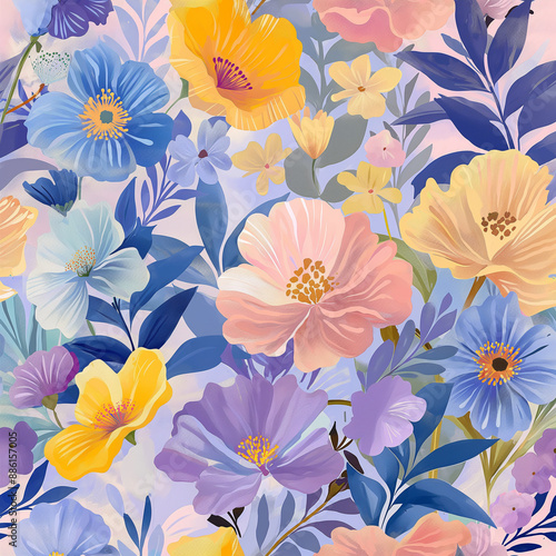 Wallpaper Mural A vibrant and dynamic floral pattern featuring a variety of colorful flowers and leaves. Torontodigital.ca