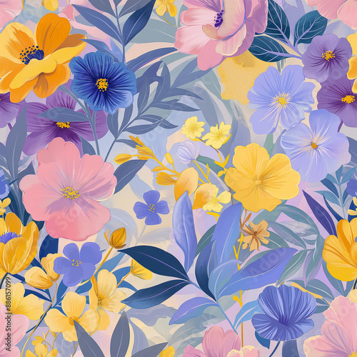 Wallpaper Mural A vibrant and dynamic floral pattern featuring a variety of colorful flowers and leaves. Torontodigital.ca