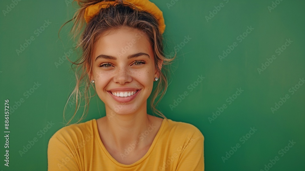 A youthful lady, wearing a bright yellow sweater and sporting a carefree updo, radiates warmth and joy.... A youthful lady, wearing a bright yellow sweater and sporting a carefree updo, radiates warmth and joy....