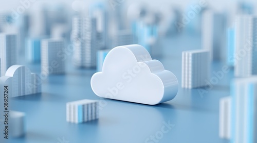 3D cloud symbol amidst blurred skyscrapers, representing cloud computing and digital technology in modern urban landscapes. photo