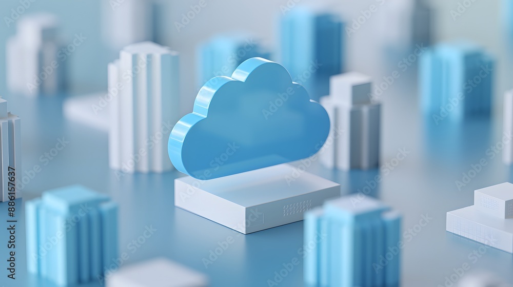 3D illustration of a blue cloud icon among white geometric buildings, symbolizing cloud computing and data storage in a modern cityscape. 3D illustration of a blue cloud icon among white geometric buildings, symbolizing cloud computing and data storage in a modern cityscape.