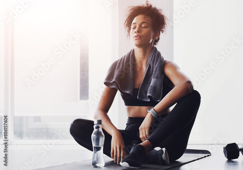 Billede på lærred Woman, fitness and tired of workout with relax in gym for exercise, physical activity or overworked on floor