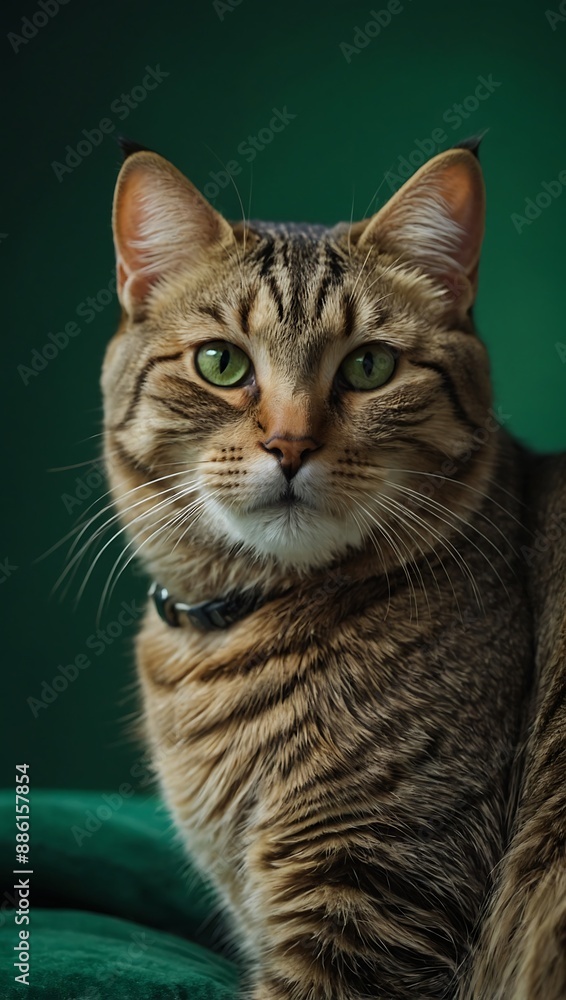 Studio image of a tabby cat lying on a green backgroun Studio image of a tabby cat lying on a green backgroun