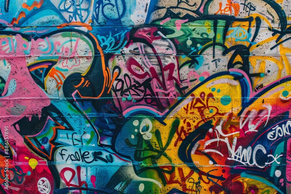 On a graffiti wall, an abstract street art is seen in close-up. On a graffiti wall, an abstract street art is seen in close-up.