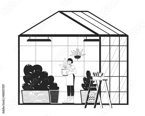 Korean woman working in greenhouse black and white flat line illustration. Asian woman farmer growing plants 2D lineart character isolated. Agricultural technology monochrome vector outline image