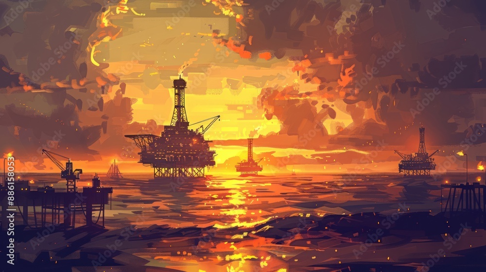Obraz premium Oil Rigs at Sunset