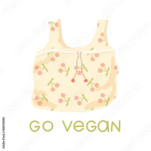 Eco friendly canvas tote bag isolated on white background. Handmade shopping bag go vegan concept. Cute card promote zero waste. Beige with cherry pattern.