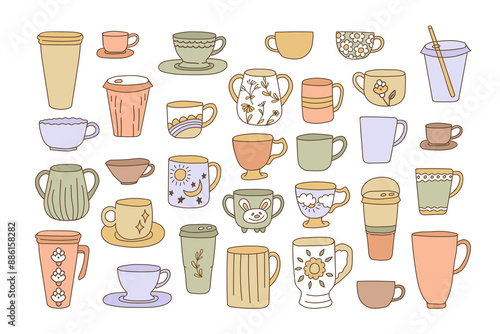 Bright doodle cups collection. Coffee and tea mugs in scandinavian style. Cute colorful porcelain vector illustration set.
