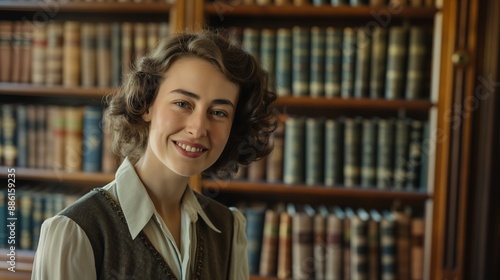 Professional female historian in formal attire, smiling warmly at the camera with a background of a library filled with history books, showcasing her deep knowledge and passion for historical research photo