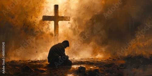 Man kneels in front of cross with dramatic sky background. Christian man prays in solitude. Contemplative figure dressed in long-sleeved shirt and pants. Solitary prayer scene.