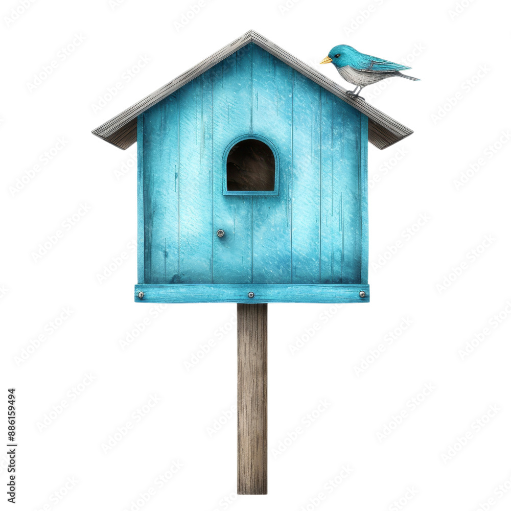 Blue wooden birdhouse with bird perched on the roof in watercolor style clipart with transparent background Blue wooden birdhouse with bird perched on the roof in watercolor style clipart with transparent background