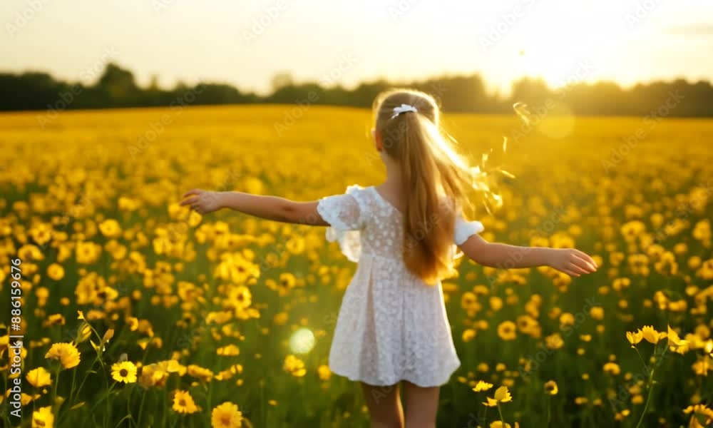 Young Girl Walking Through Colza Field: Rear View in Slow Motion Young Girl Walking Through Colza Field: Rear View in Slow Motion