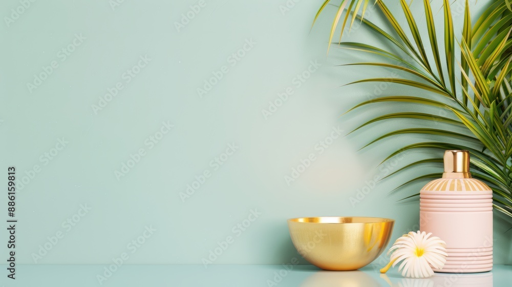A luxurious spa setting with golden decor, designed in a minimalist style with clean lines and a serene color palette. The image provides plenty of copy space for adding text or graphics. A luxurious spa setting with golden decor, designed in a minimalist style with clean lines and a serene color palette. The image provides plenty of copy space for adding text or graphics.