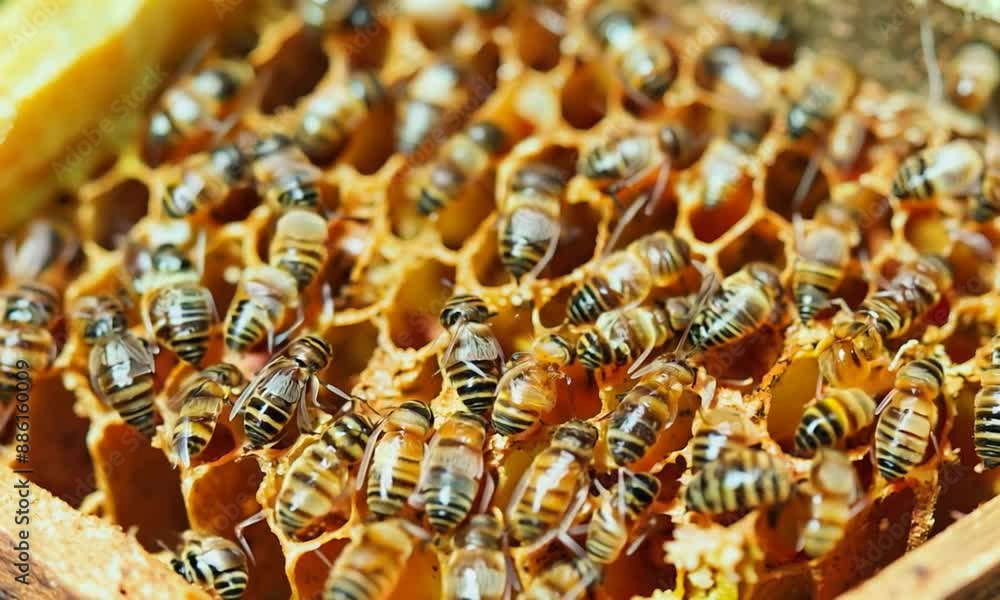 Beehive Close-Up: Honeycomb and Bee Colony Macro Footage Beehive Close-Up: Honeycomb and Bee Colony Macro Footage