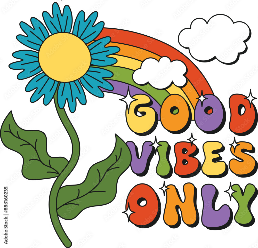 Naklejka premium Floral flower botanical quote in retro groovy trendy hippie psychedelic style for t-shirts, mugs, cards, wall art. Funny blue flower lettering composition with green curling stem, leaves, rainbow.