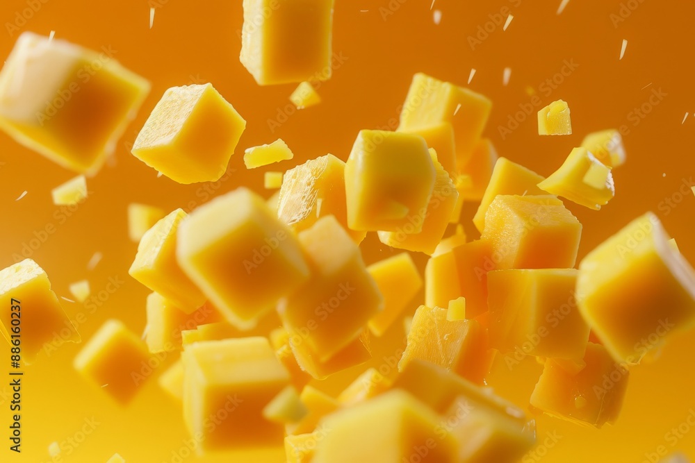 falling cubes close up of Mango chunks cut into pieces on yellow against a yellow wall falling cubes close up of Mango chunks cut into pieces on yellow against a yellow wall