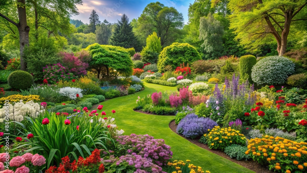 Fototapeta premium Lush garden with blooming flowers and greenery, botanical, plants, outdoor, nature, backyard, landscaping, growth, colorful