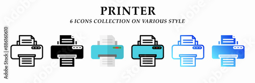 Printer icons collection. 6 Various styles. Lineal, solid Black, flat, lineal color and gradient. For sign, symbol, presentation, infographic or web graphics. Vector Illustration.