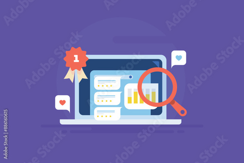 Top ranking on search engine, SEO analytics software technology e-business concept, vector illustration.
