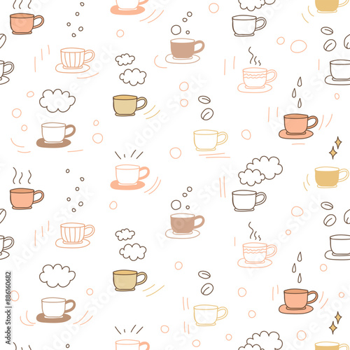 Cute cups and doodle elements on a white. Coffee mugs seamless pattern. Vector illustration. Print for fabric, wrapping paper, kitchen textile.