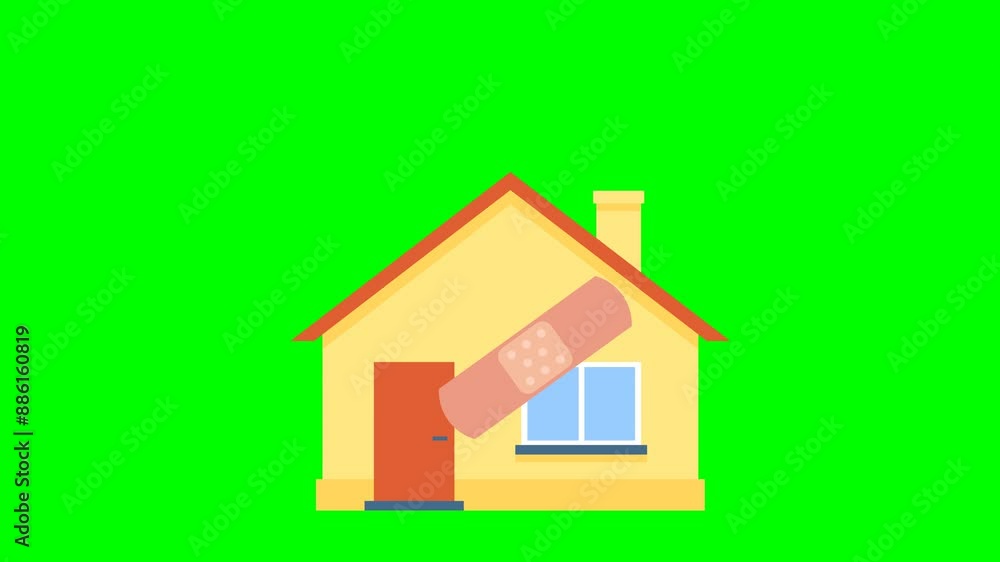 Medical textile bandage falls on a house. Plaster on the yellow house. Family preservation concept. During the repair of private houses. Exterior building renovation. 2d flat animation. Alpha channel Medical textile bandage falls on a house. Plaster on the yellow house. Family preservation concept. During the repair of private houses. Exterior building renovation. 2d flat animation. Alpha channel