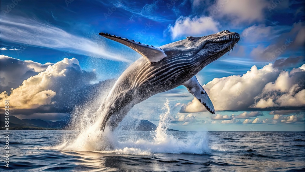 Fototapeta premium Whale jumping in ocean , whale, ocean, water, marine life, animal, wildlife, jump, splashing, majestic, nature, mammal, giant