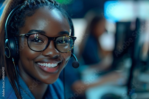 Beautiful African woman call center agent smiling and looking at the camera, wearing eyeglasses, providing consulting services for VoIP communication in the office. Female consultant