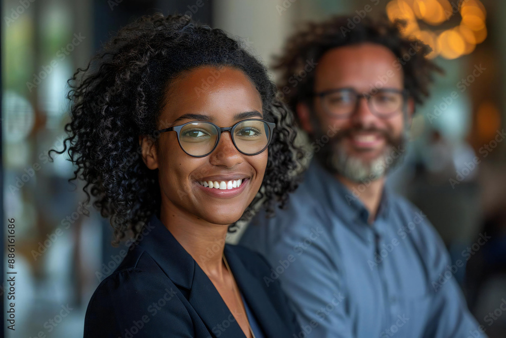 Smiling black woman in her late 30s wearing eyeglasses looks confidently at the camera, while a well-groomed bearded man in his early 40s gazes off into the distance Smiling black woman in her late 30s wearing eyeglasses looks confidently at the camera, while a well-groomed bearded man in his early 40s gazes off into the distance