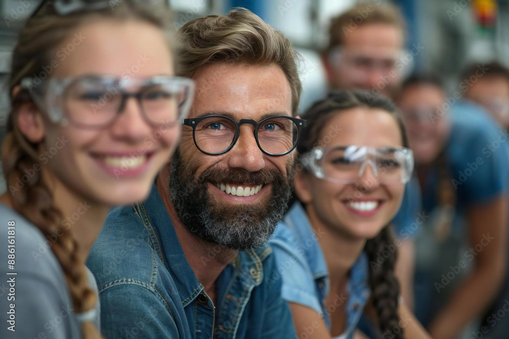 Several beautiful people of various ages and genders, some wearing glasses, are smiling and laughing while a well-groomed man with a beard looks at the camera during an annual assessment Several beautiful people of various ages and genders, some wearing glasses, are smiling and laughing while a well-groomed man with a beard looks at the camera during an annual assessment