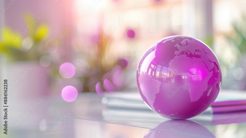 A close-up of a purple globe resting on a sleek, minimalist desk, with soft lighting highlighting its contours. The image offers plenty of copy space and is perfect for conveying ideas of global A close-up of a purple globe resting on a sleek, minimalist desk, with soft lighting highlighting its contours. The image offers plenty of copy space and is perfect for conveying ideas of global