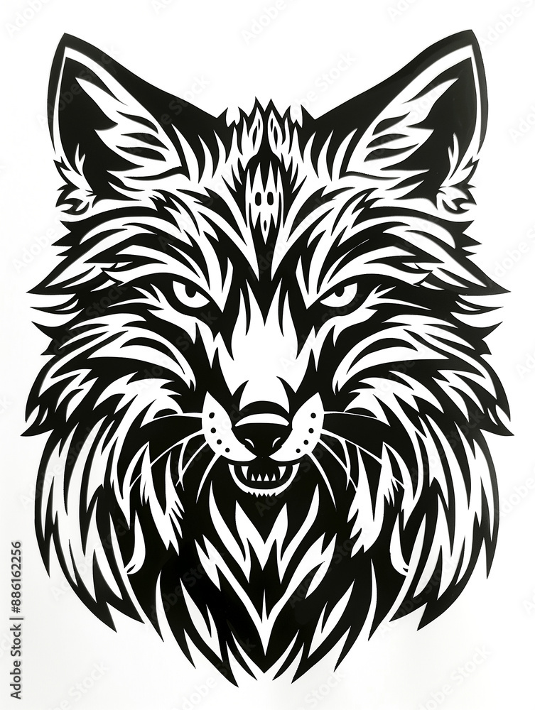 Fototapeta premium A black and white drawing of a wolf with a fierce expression. The wolf's fur is thick and its eyes are wide open, giving it a menacing appearance. The drawing is bold and striking