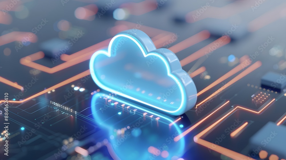 A digital cloud icon on a circuit board, representing cloud computing and modern technology concepts with vibrant and glowing effects. A digital cloud icon on a circuit board, representing cloud computing and modern technology concepts with vibrant and glowing effects.