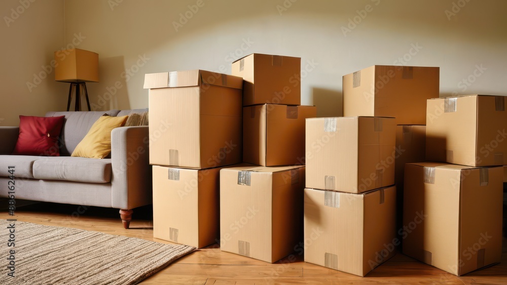 Cardboard boxes stacked in a living room. Cardboard boxes stacked in a living room.
