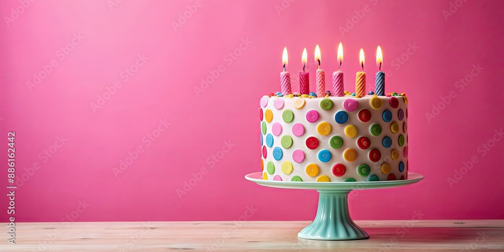 Colorful polka dot birthday cake with burning candles on a pink background, birthday, cake, polka dot, colorful, celebration Colorful polka dot birthday cake with burning candles on a pink background, birthday, cake, polka dot, colorful, celebration