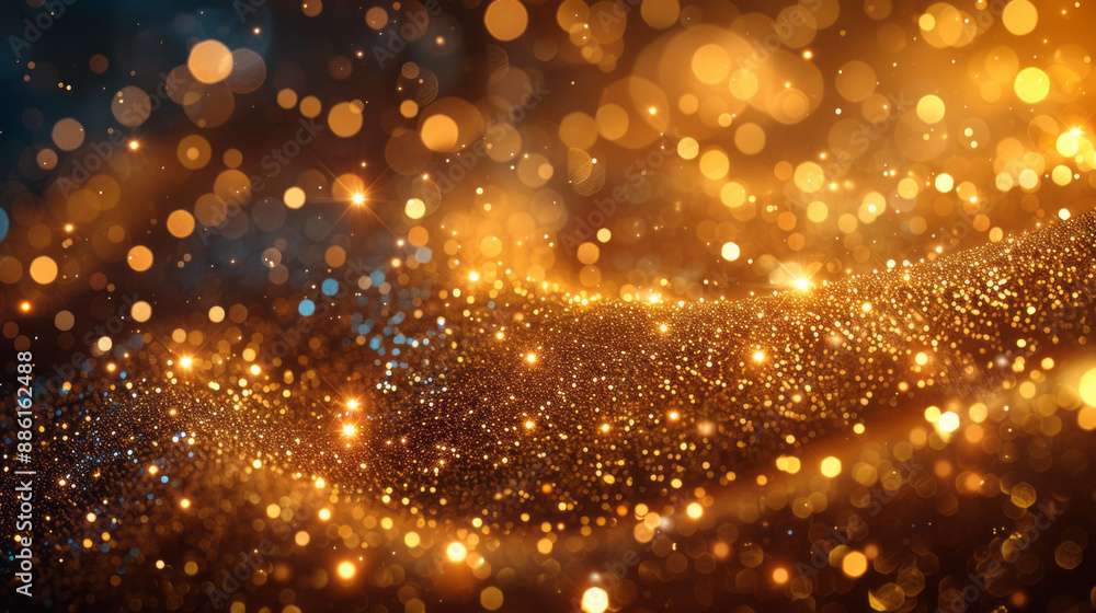 A gold glitter background with bokeh lights and particles on dark brown. A gold glitter background with bokeh lights and particles on dark brown.