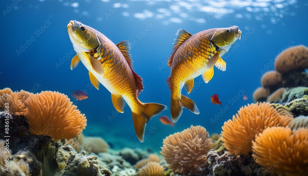 Fototapeta premium Carp fish Graceful Leaps: Carp Fish in a Vibrant Underwater Ballet