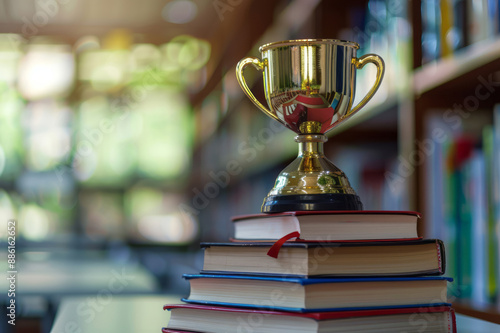 Golden trophy cup on books with a blurred background for a school menu book cover design, highlighting educational success.