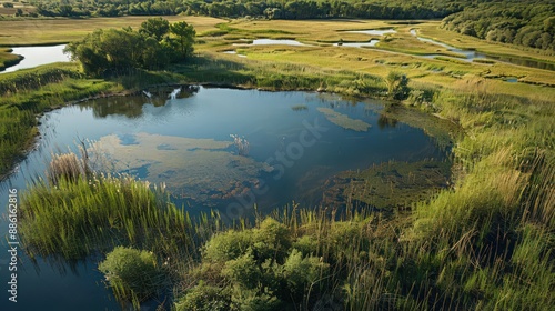 Depict an aerial view of wetlands with a serene lake surrounded by tall grasses and emergent vegetation, providing habitat diversity.