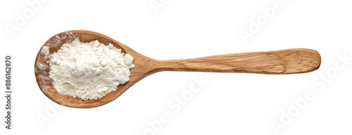 A wooden spoon with flour isolated on a transparent background, top view.