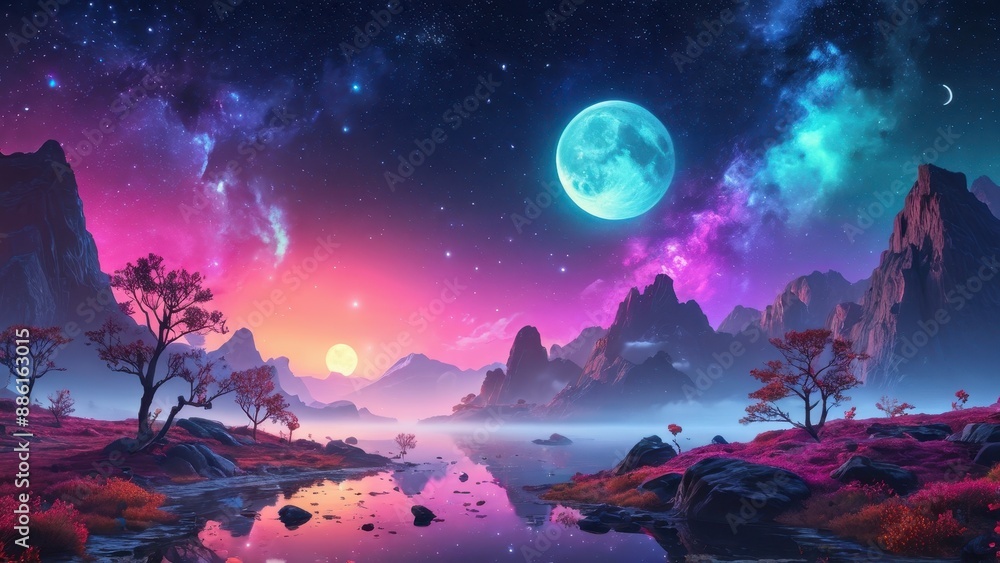 Dreamlike Landscape with Mountains and Two Moons. Dreamlike Landscape with Mountains and Two Moons.