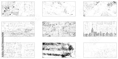 Grunge texture monochrome set elements with spotted canvases with traces soot or scratches caused by wear and tear vector illustration