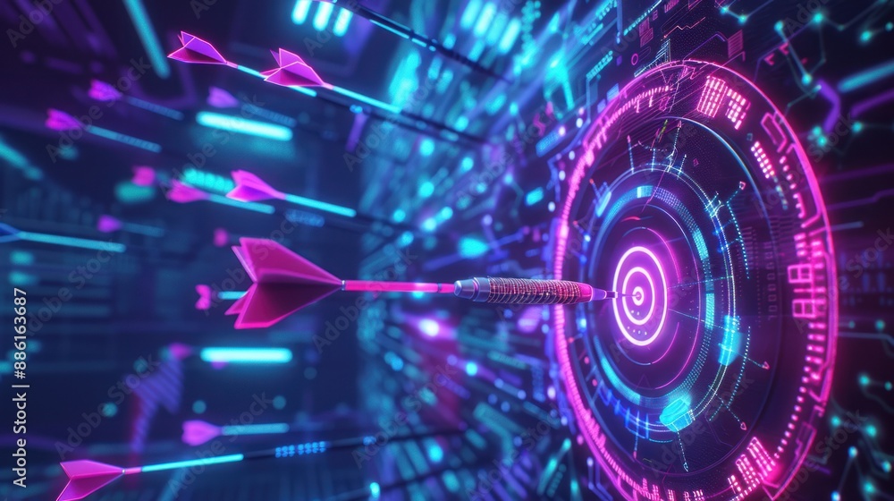 Digital Target Hit with Neon Arrows Digital Target Hit with Neon Arrows
