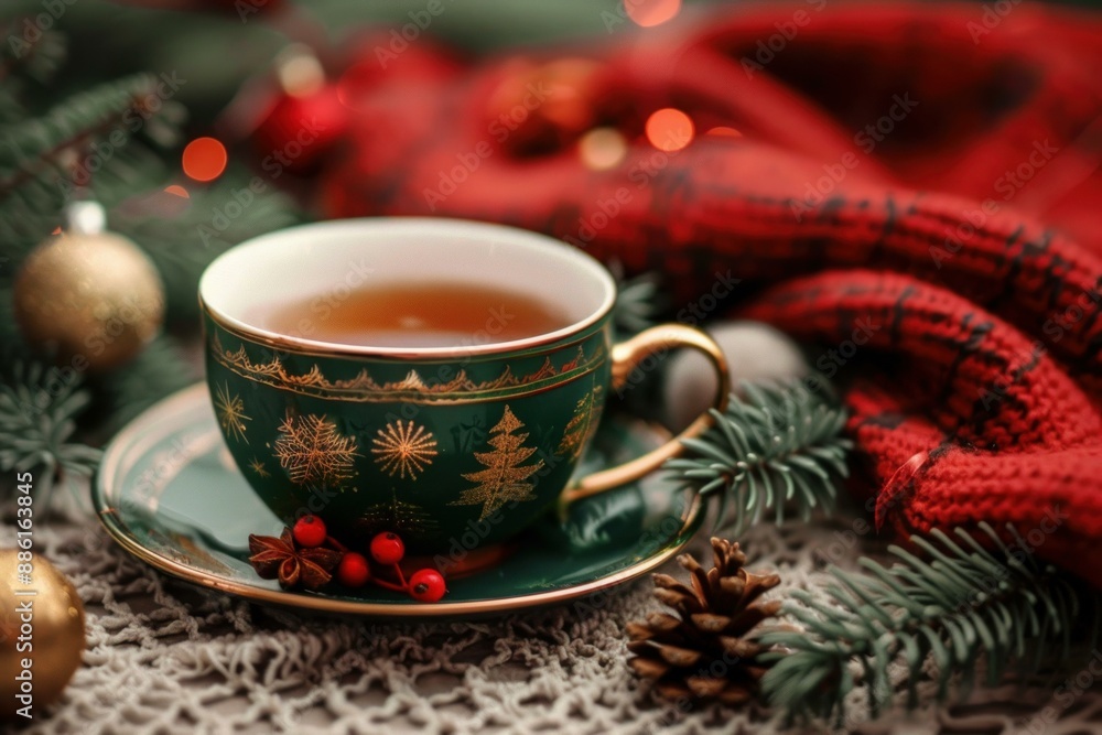 Obraz premium Steaming cup of christmas tea sits on a table with a red scarf and festive decorations, evoking the warmth and joy of the holiday season