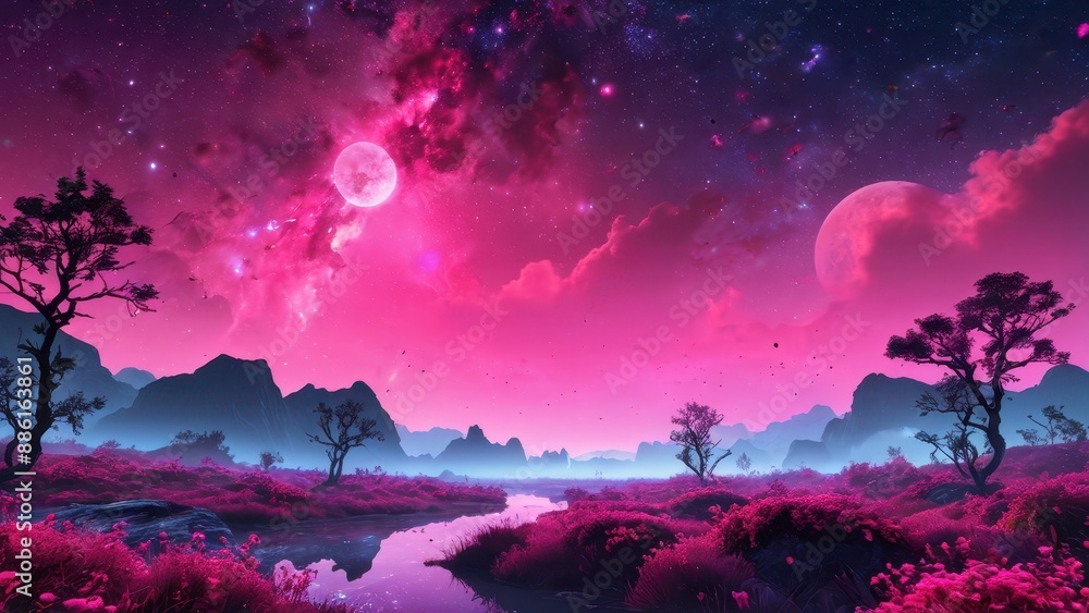 Fototapeta premium Pink Moonrise Over a Fantasy Landscape.