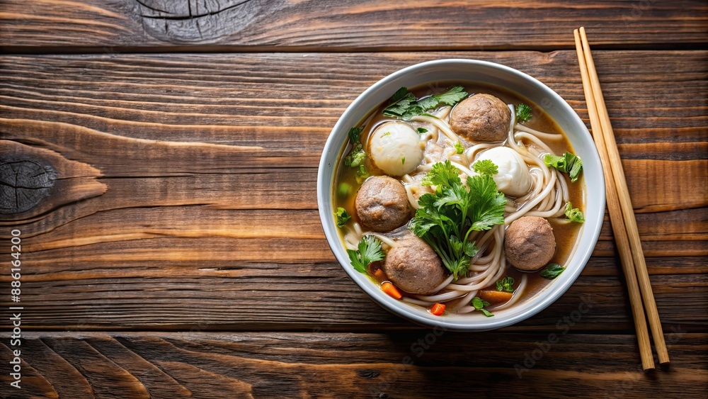 Traditional Thai noodle soup with beef and fish ball served on a wooden table, thai, noodles, soup, beef Traditional Thai noodle soup with beef and fish ball served on a wooden table, thai, noodles, soup, beef